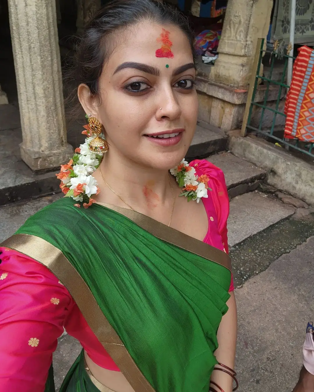 Anusree Nair In South Indian Traditional Green Saree Red Blouse